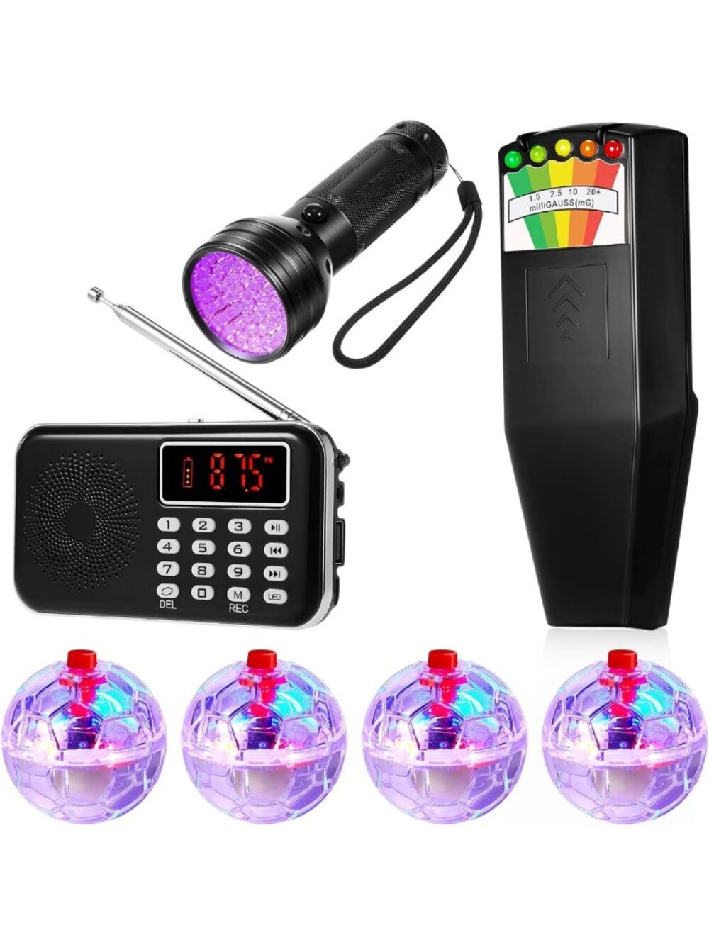 7-Piece Ghost Hunting Kit: EMF Meter, Ghost Radio, UV Flashlight & LED Pet Balls